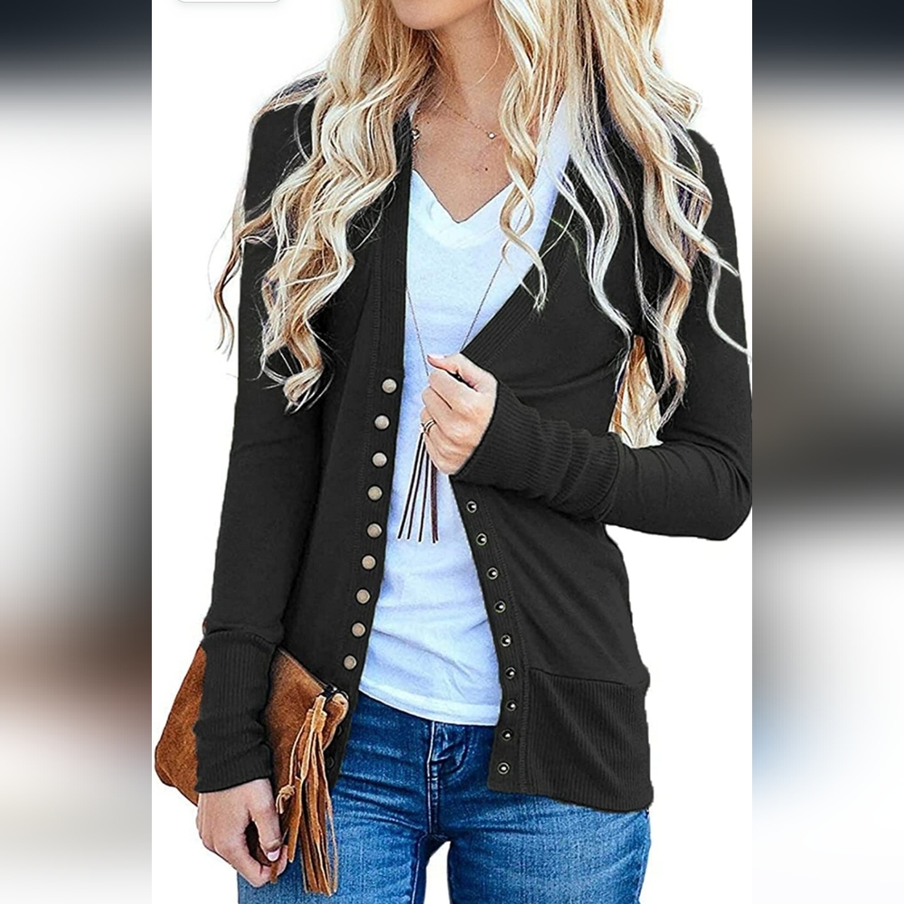 Long Sleeve Snap Button-Down V-Neck Knit Cardigan Sweater (Black) - Verabendi